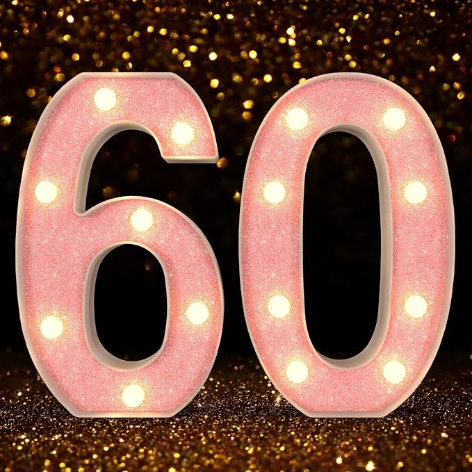 Marquee Light up Numbers 0-9, Battery Powered LED Light, Pink Glitter Plastic for 60th Birthday Decorations, Graduation Engagement Wedding Decor (Number 60)