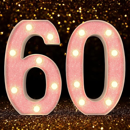 Marquee Light up Numbers 0-9, Battery Powered LED Light, Pink Glitter Plastic for 60th Birthday Decorations, Graduation Engagement Wedding Decor (Number 60)