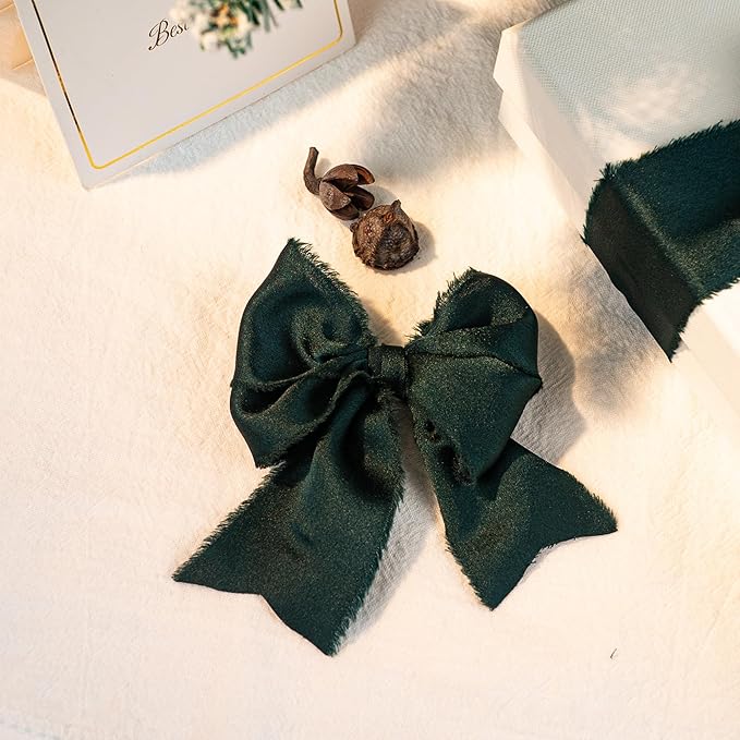 Satin Silk Ribbon, Green Christmas Ribbon for Wrapping, 1-1/2 inch x 15 Yd Handmade Frayed Fringe Ribbons, for Christmas Tree Holiday Birthday Valentine's Day New Years Crafts Bouquet, 3 Rolls