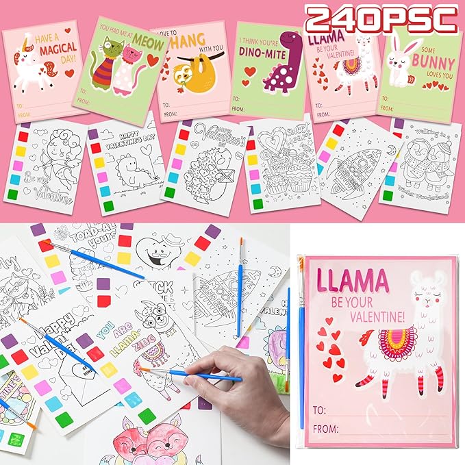 Rotu Valentines Day Gifts for Kids 30 Pack(240 PCS) Valentines Day Cards for Kids School Watercolor Coloring Books with Holiday Cards, Classroom Valentine Exchange Gifts Prizes Party Favors Supplies