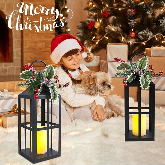 Christmas Lanterns Decorative Indoor Outdoor, 2 Pack Black Christmas Lantern, 18 Inch Timer Decorative Candle Lanterns Flameless Light with Pine Cones and Needles for Home, Party, Farmhouse Decor