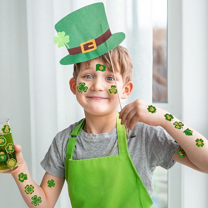Glitter St Patricks Day Tattoos, 25 Styles Saint Patricks Day Green Gold Shamrock Tattoos with Lucky Clover, Temporary Face Stickers for St Patricks Day Accessories Party Favors