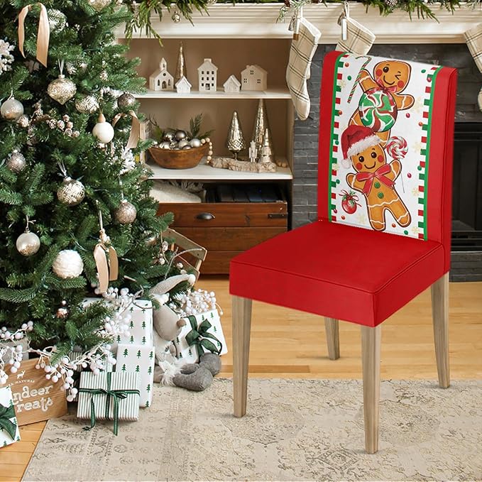 Horaldaily 8PCS Christmas Dining Chair Covers, Gingerbread Man Candy Cane Stretch Removable Washable Slipcover Chair Protector for Dining Room Home Decor