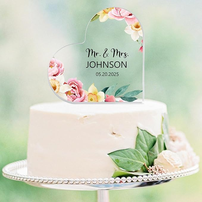 Custom Wedding Heart Acrylic Plaque,Mr & Mrs Cake Topper,Personalized Wedding Keepsake/Gift/Sign (Style 1)