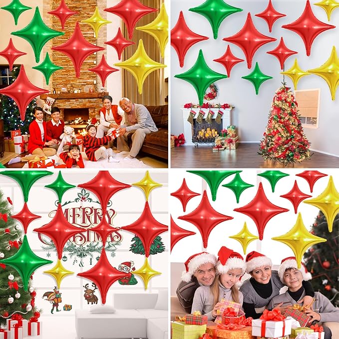 Red Green Gold Christmas Balloons,12Pcs Four Angle Star Foil Balloons,26Inch and 10Inch Red Green Gold Quadrangle Helium Polyester Balloon for Christmas Xmas New Year Birthday Party Decorations