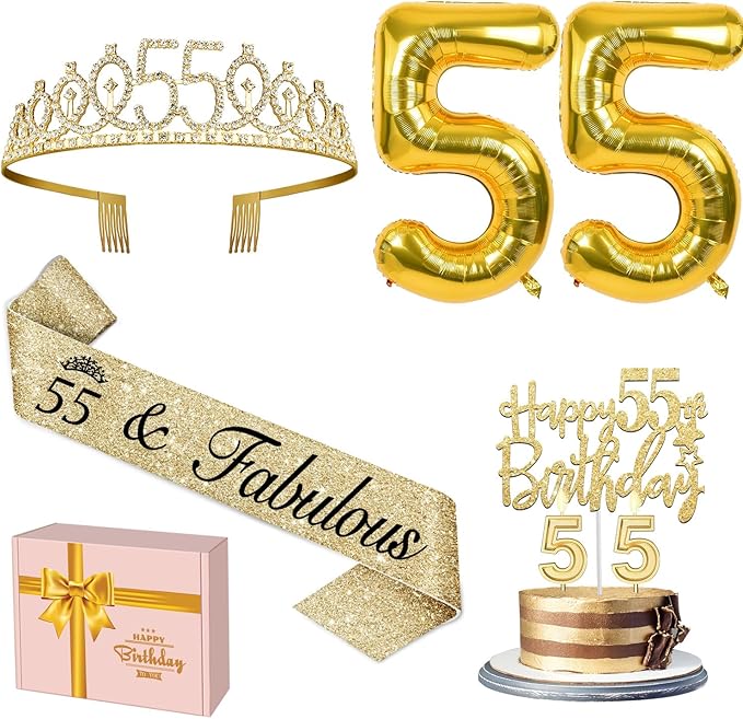 55th Birthday Decorations for Women Gold with 55th Birthday Sash and Tiara, Cake Topper and Candles, Number Balloons, 55 Year Old Gifts for Women