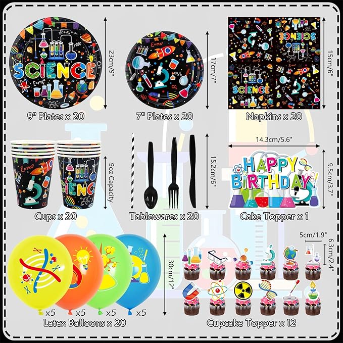 Science Party Supplies, Includes Happy Birthday Backdrop, Plates, Tablecloth, Cups, Balloon and Straws, for Boy Girl Scientist Lab Decoration Serves 20 Guests
