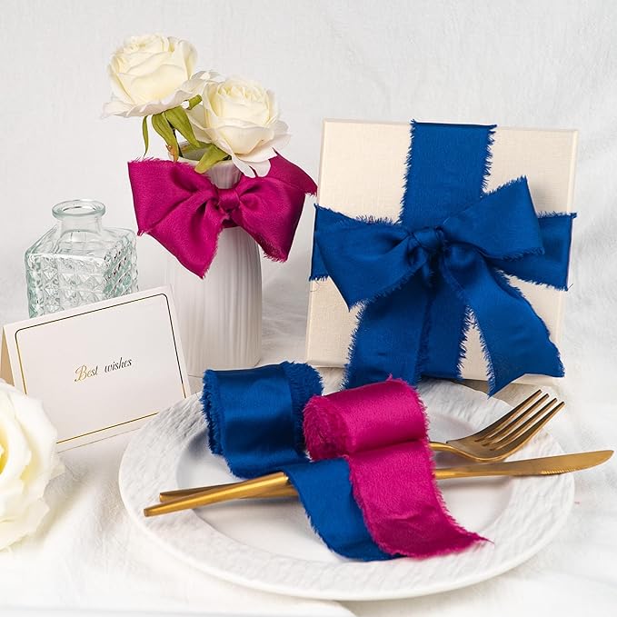 Satin Silk Ribbon, Royal Blue Ribbon for Wrapping, 1-1/2 inch x 15 Yd Handmade Frayed Fringe Ribbons, for Wedding Engagement Graduation Showers Crafts Bouquets Invitation Decor, 3 Rolls