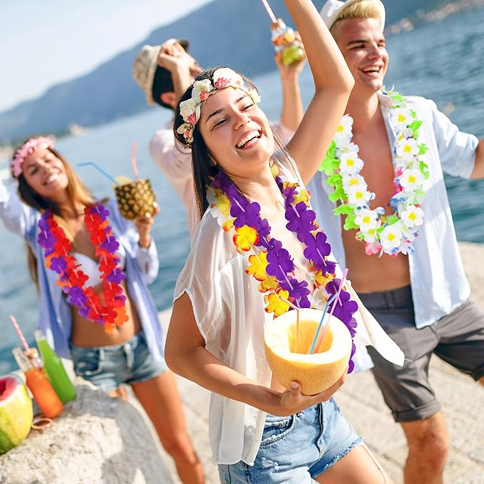 24PCS Leis for Luau Party, Colorful Hawaiian Leis Luau Party Decorations, Hawaiian Lays Tropical Theme Silk Flower Bulk, Hawaii Flower Garland Summer Pool Birthday Favors Supplies Accessories