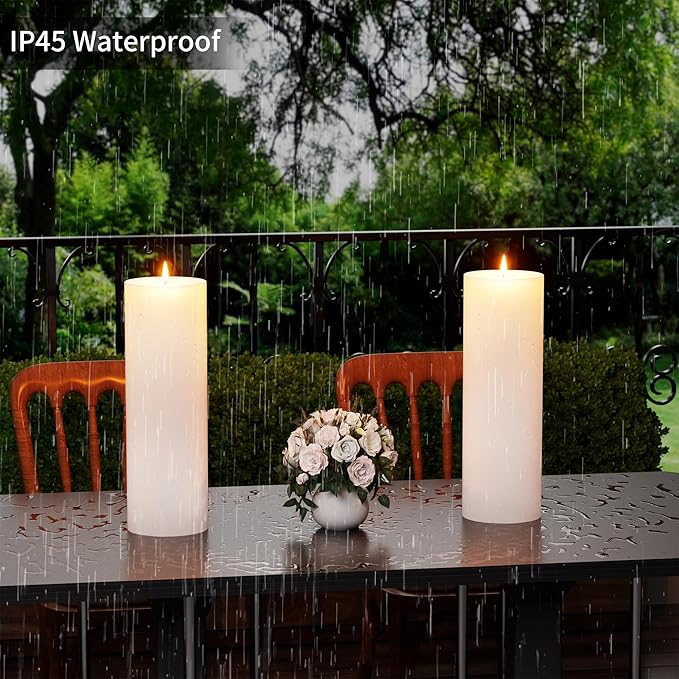 12" x 4" Large Outdoor Candles with Timer Waterproof Flickering LED Flameless Candles Battery Operated with Remote Fake Pillar Candles Realistic for Patio Porch Lanterns, White 2 Pack