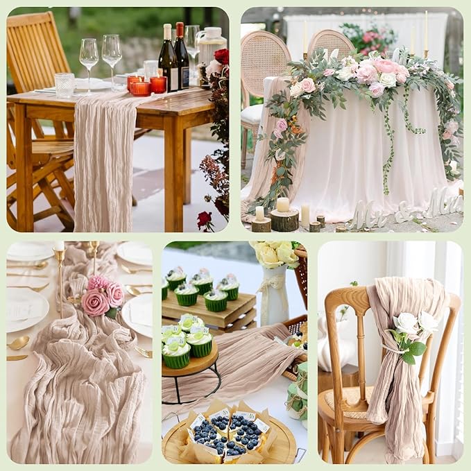 Asee'm 4pcs Cheesecloth Table Runner 120 Inches Long Nude Pink Boho Gauze Cheese Cloth Runner 10FT Rustic Sheer Table Runners for Christmas Wedding Party Baby Shower Spring Easter Decoration