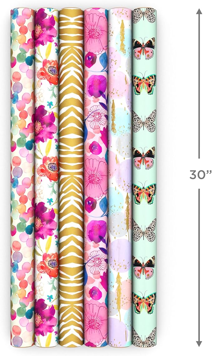 Hallmark Wrapping Paper Rolls for Birthday, Bridal Shower, Baby Shower, Gift Wrap Paper (Set of 6 Rolls: 180 sq. ft. ttl.) Butterflies, Gold Animal Print, Pink Flowers for All Occasions