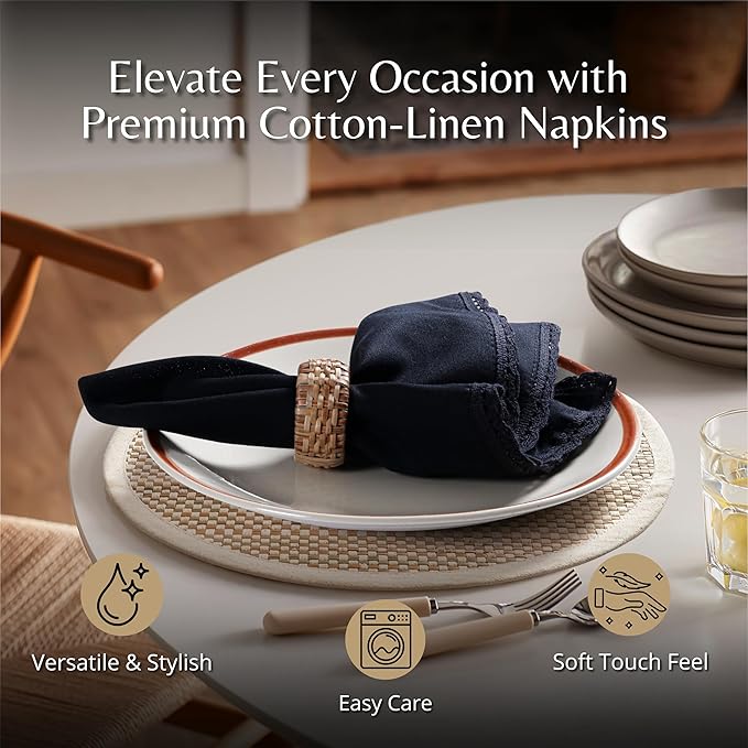 Ramanta Home Linen Flax Cloth Napkins Set of 12| 18x18 Inch | Premium Cotton Linen Flax Lace Soft & Durable | Washable Ideal for Everyday Use Parties Thanksgiving Christmas Halloween Black