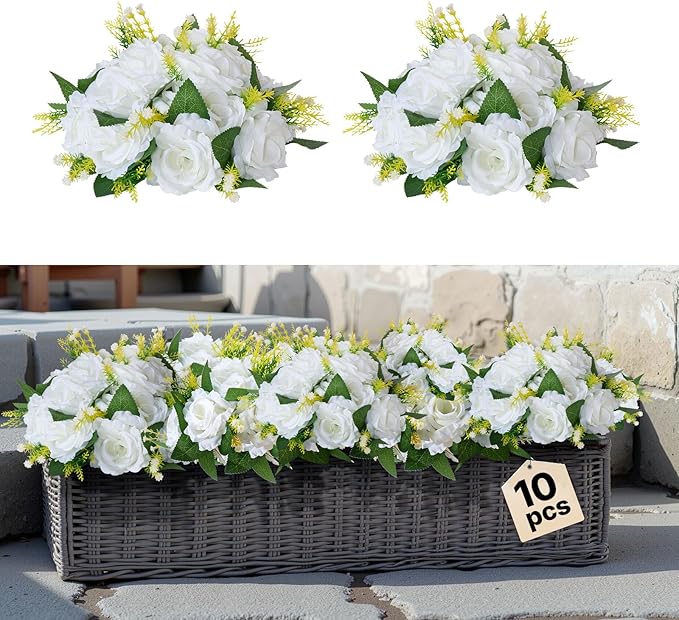 VEVOR Flower Balls Arrangement Bouquet 10 PCS, 9.5-Inch Diameter Artificial Flower Balls Wedding Rose Centerpieces, Faux Flowers Arrangements for Wedding Centerpiece Home Table Decorations, White