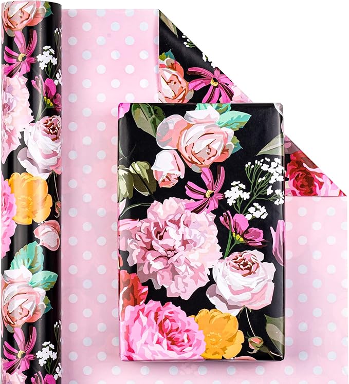 WRAPAHOLIC Reversible Floral Wrapping Paper - Mini Roll - 17 Inch X 33 Feet - Black Colorful Floral Design for Birthday, Mother's Day, Wedding, Baby Shower, Bridal Shower