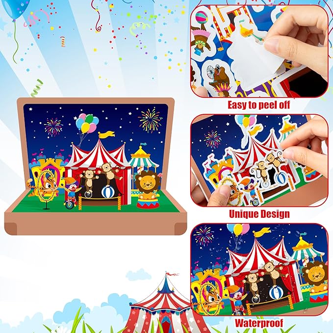 CY2SIDE Carnival Sticker Scene Kits- 12PCS Holiday Circus Theme Scene Art Craft for Kids Make Your Own Circus Sticker with Elephant Clowns DIY Carnival Party Games Class Fun Activities