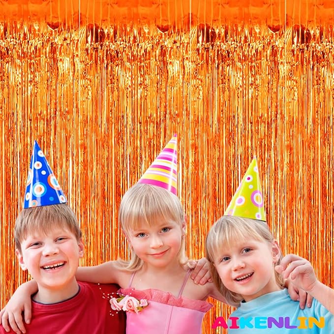 4 Pack Orange Foil Fringe Curtain Backdrop, 3.2Ft x 9.8Ft Metallic Tinsel Foil Fringe Streamers Curtains for Party, Photo Booth Prop, Birthday, Wedding, Christmas Party Decoration Supplies