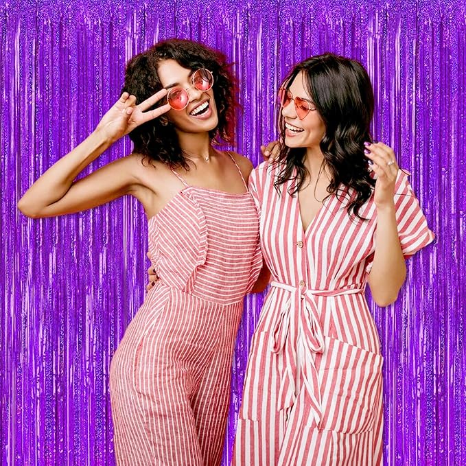 3 Pack Purple Foil Fringe Curtains Backdrop, 3.28 x 8.2 Ft Metallic Streamers Tinsel Curtains Background for Photo Booth, Birthday, Christmas, Halloween, Thanksgiving, New Year Party Decorations