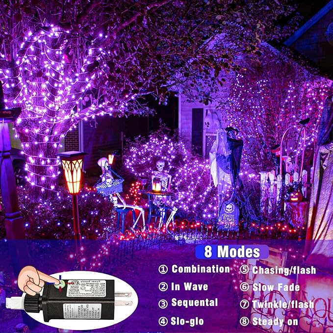 Vivideal 200 LED Christmas Lights Outdoor Waterproof 66ft Purple String Lights Clear Wire with 8 Modes Plug in Purple Christmas Light for Tree Party Decorations