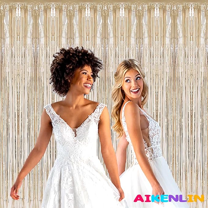 Champagne Gold Foil Fringe Curtain Backdrop, 4 Pack, 3.2Ft x 9.8Ft, Polyester (Mylar), for Party, Photo Booth Props, Birthday, Wedding, Christmas Decoration Supplies