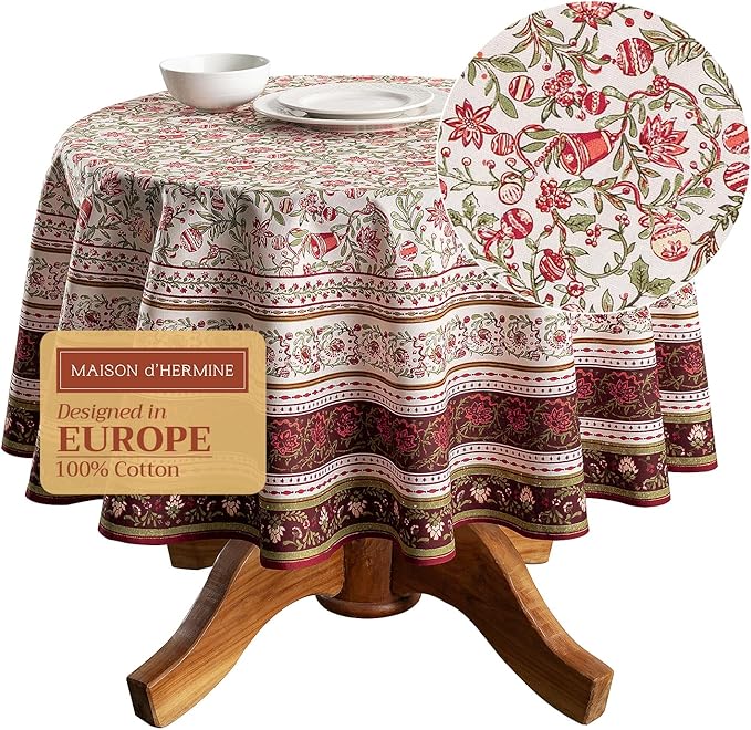Maison d' Hermine Table Cloth Round Table 100% Cotton 69 Inches Fall Tablecloth Reusable Everyday Use for Thanksgiving Christmas Decorations Dining Farmhouse Party (Reveillon Au Jardin)