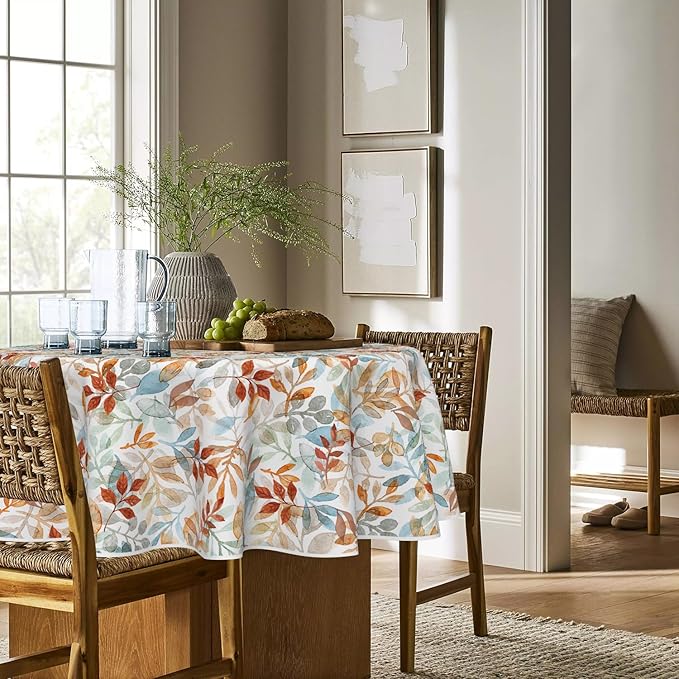 Horaldaily Fall Tablecloth 70x70 Inch Round, Thanksgiving Autumn Harvest Orange Blue Watercolor Leaf Table Cover for Party Picnic Dinner Decor
