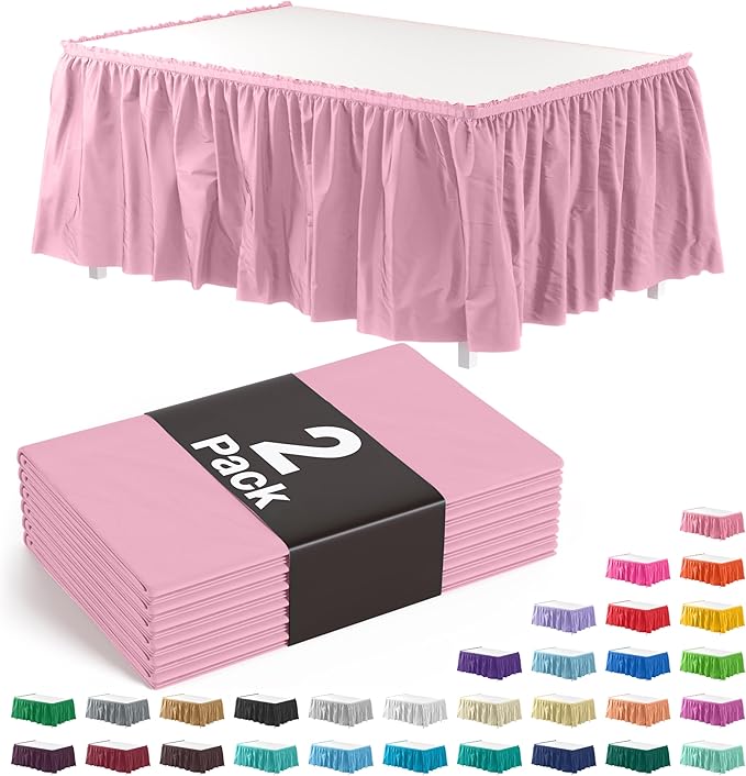 Exquisite Ruffle Table Skirt Pink 2 Pack 14 Ft Long Table Skirts for Rectangle Tables 6ft Plus or Round Tables Skirts with Adhesive Strip for Gender Reveal Decor & Happy Birthday Parties
