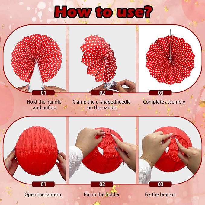 15Pcs Red Party Decorations Supplies Set, Hanging Red Paper Lanterns Paper Fans for Home Decor Birthday Wedding Graduation Picnic BBQ Baby Shower Pizza Party
