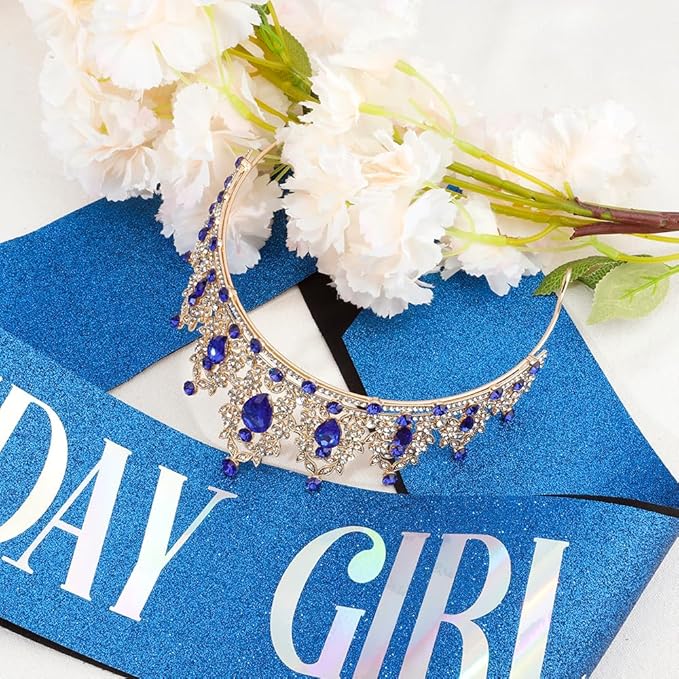 Birthday Crown Headband & Sash - Gold+Blue, Rhinestone Tiara for Women - Regal Style, Birthday Party Accessory