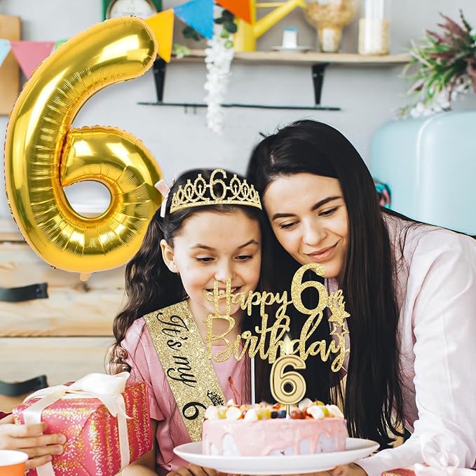 6th Birthday Decorations for Girl with 6th Birthday Sash and Tiara, Candle and Cake Topper, Number Balloon, 6 Year Old Girl Gifts