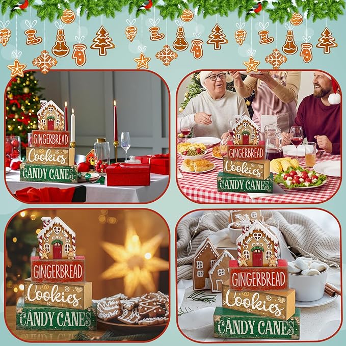 4 Pcs Christmas Table Decoration Wooden Gingerbread House Tiered Tray Decor Wood Rustic Gingerbread Block Signs Christmas Centerpiece Farmhouse for Home Tabletop Kitchen Shelf Party Gift