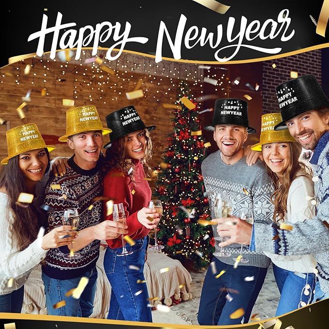 Hillban 50 Pack Glitter Top Hats Bulk Happy New Year Shiny Magician Top Hat for Adults Costume Party