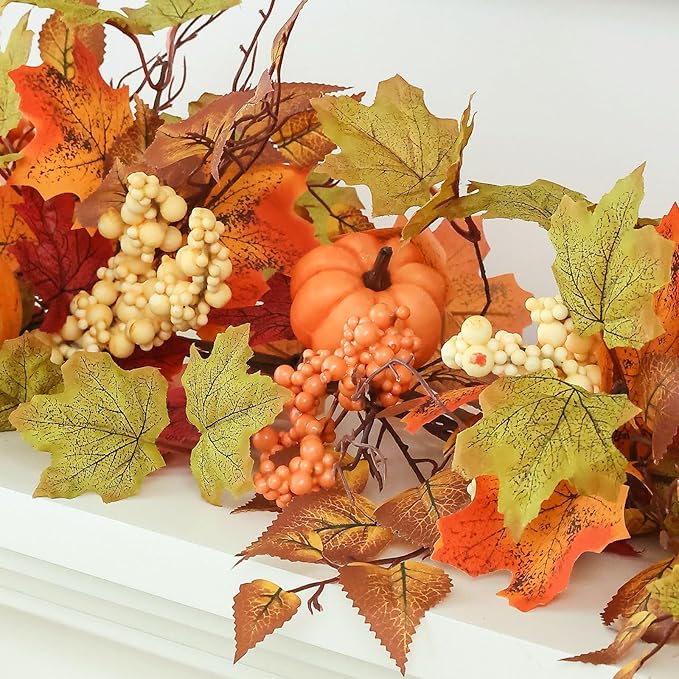 MIZII Fall Decor Artificial Maples Leaf Pumpkin Garland 10FT Autumn Maple Vines Garland Thanksgiving Halloween Harvest Decorations for Home Porch Mantle Fireplace Farmhouse Outdoor Indoor (10FT,Maple)