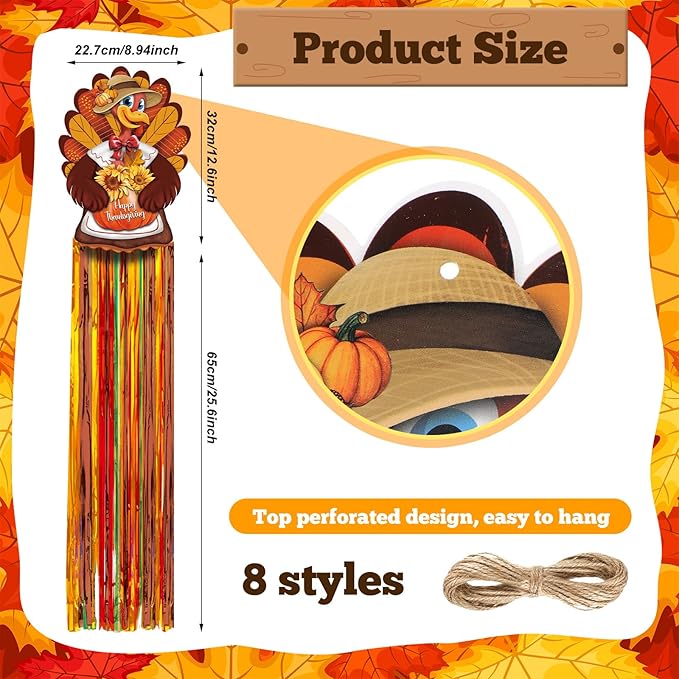 8 Pcs Fall Thanksgiving Turkey Outdoor Hanging Decorations with Tassels Harvest Yard Decoration Windsocks for Outside 3.3ft Signs for Wall Tree Home Lawn Yard Party Supplies Garden Decor