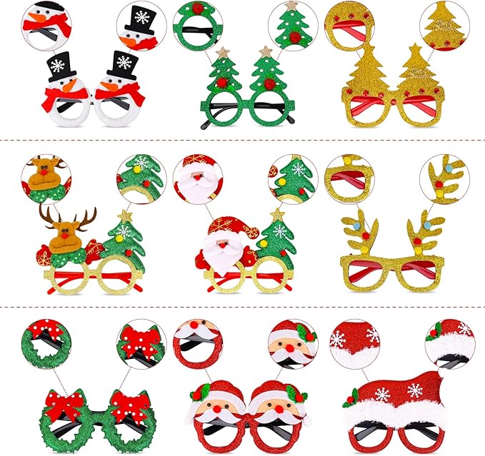 15 Pcs Christmas Glasses Frame Glitter, Costume Eyeglasses Frames Photo Booth Supplies, Xmas Photo Props Eyewears Party Favors Supplies for CHristmas Dinner Picnics Holidays