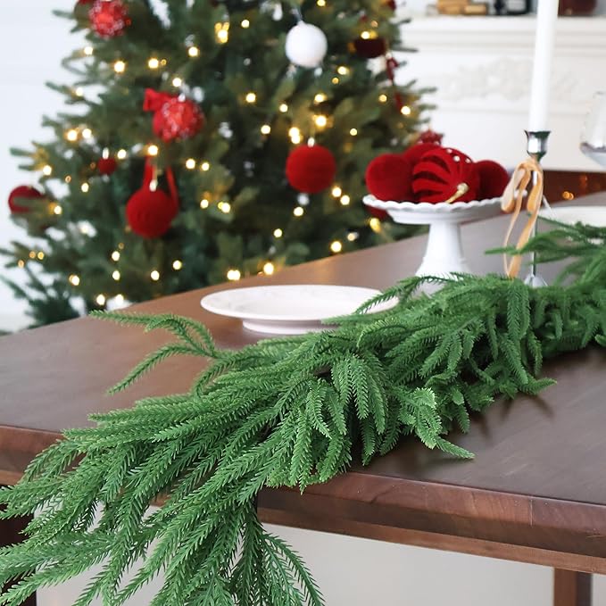 2PCS 9FT Christmas Garland Norfolk Pine Garland Real Touch Artificial Greenery Garland for Mantle Fireplace Table Indoor Outdoor Decor (Normal)