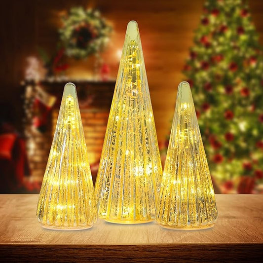 YEAHOME Christmas Decorations Indoor, 3 Pack Pre-lit Gold Glass Christmas Tree Home Decor, Christmas Table Decorations Lighted Xmas Tree with Timer for Living Room Fireplace Tabletop Party