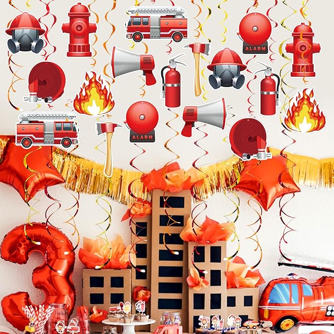 Firefighter Party Hanging Swirls, 48 Pcs,Fire Truck Party Decoration Sign,Hydrants Fire Rescue Equipment Theme Party Supplies for Birthday,Red Orange Yellow