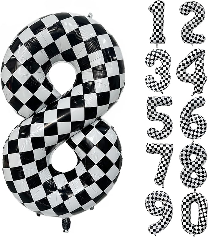 40 Inch Checkered Number Balloon 8 Black and White Number 8 Balloon Foil Helium Balloons for Birthday Party Decoration Girls Boys Baby Shower Anniversary Decoration Race Car Party Decoration