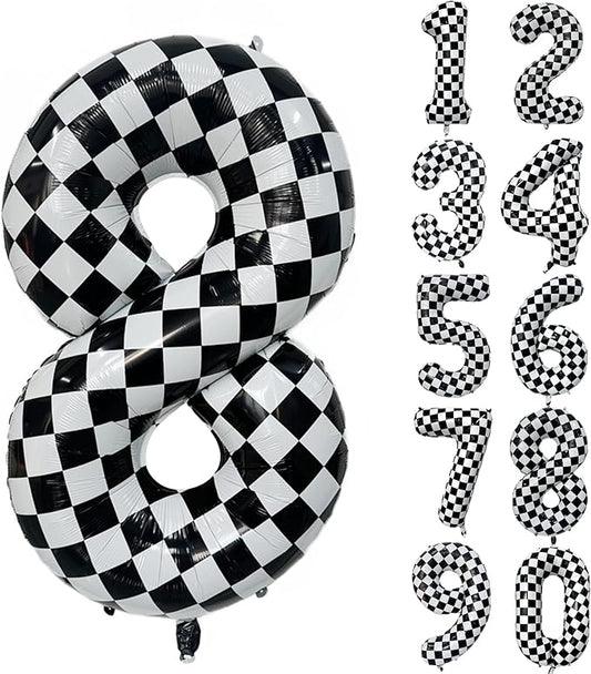 40 Inch Checkered Number Balloon 8 Black and White Number 8 Balloon Foil Helium Balloons for Birthday Party Decoration Girls Boys Baby Shower Anniversary Decoration Race Car Party Decoration