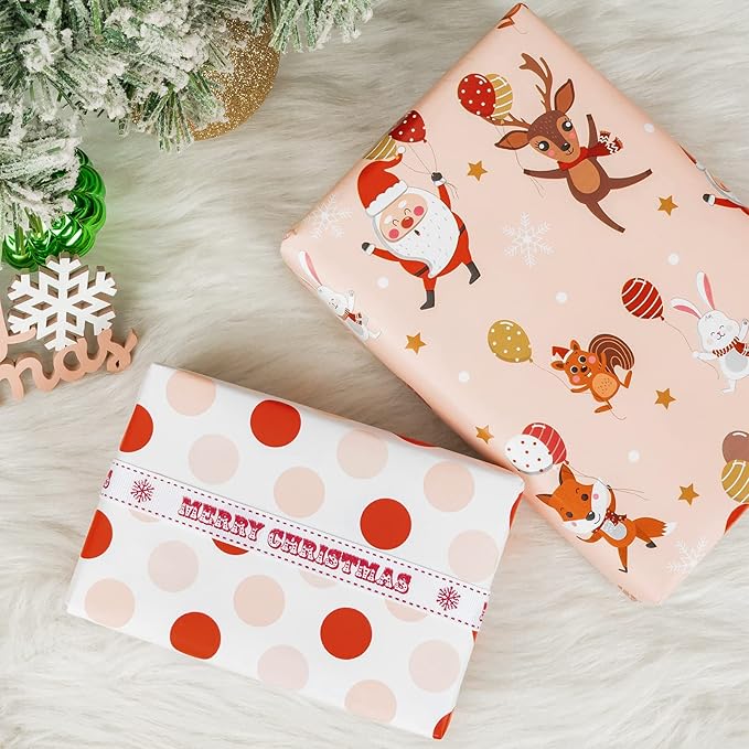 WRAPAHOLIC 30 Inch Jumbo Reversible Christmas Wrapping Paper - 30 Inch x 33 Feet - Red and Pink Dancing Santa Claus Reindeer and Colorful Polka Dots Design for Christmas, Holiday, Party