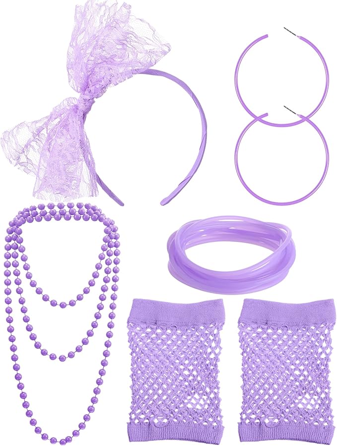 Blulu 80s Costume Accessories for Women Lace Headband Earrings Fishnet Gloves Necklace Bracelet for 80s Retro Party