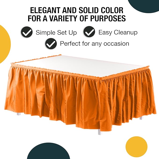 Exquisite Ruffle Table Skirt Orange 12 Pack 14 Ft Long Table Skirts for Rectangle Tables 6ft Plus or Round Tables Skirts with Adhesive Strip for Gender Reveal Decor & Happy Birthday Parties