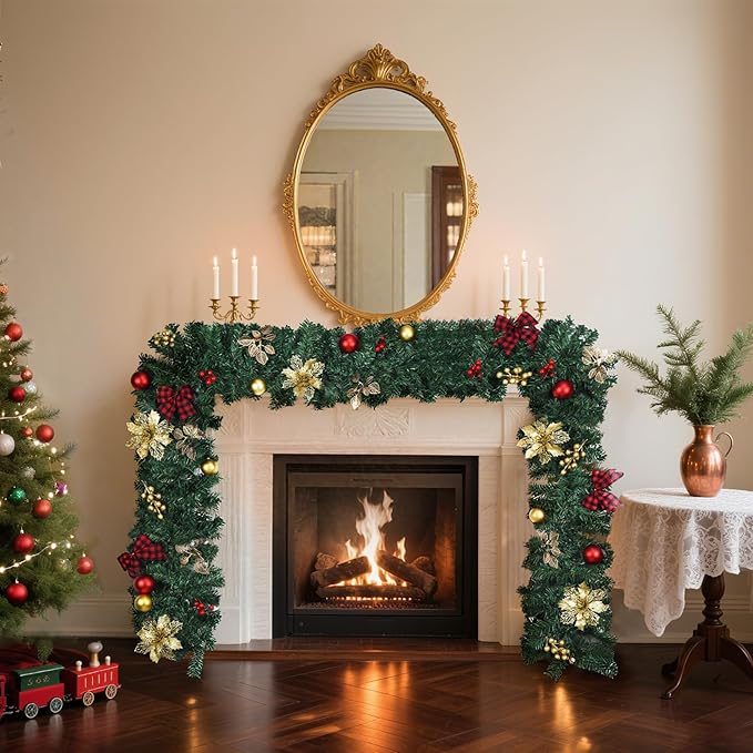 9FT Christmas Garland with Lights, Pre-Lit Garland for Christmas Decorations with, Bows, Berries, Balls, Flowers, Leaves, 50 LED Lights，Battery Powered Outdoor Indoor Christma Decorations