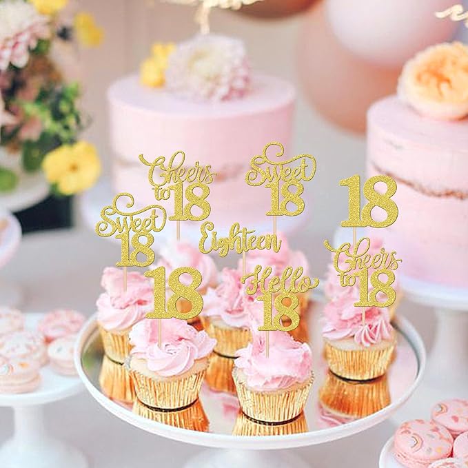 30PCS Happy 18th Birthday Cupcake Toppers Glitter Eighten Sweet 18 Hello 18 Cupcake Picks Cheers to 18 Birthday Decorations for 18th Birthday Anniversary Party Cake Decoration Supplies Gold