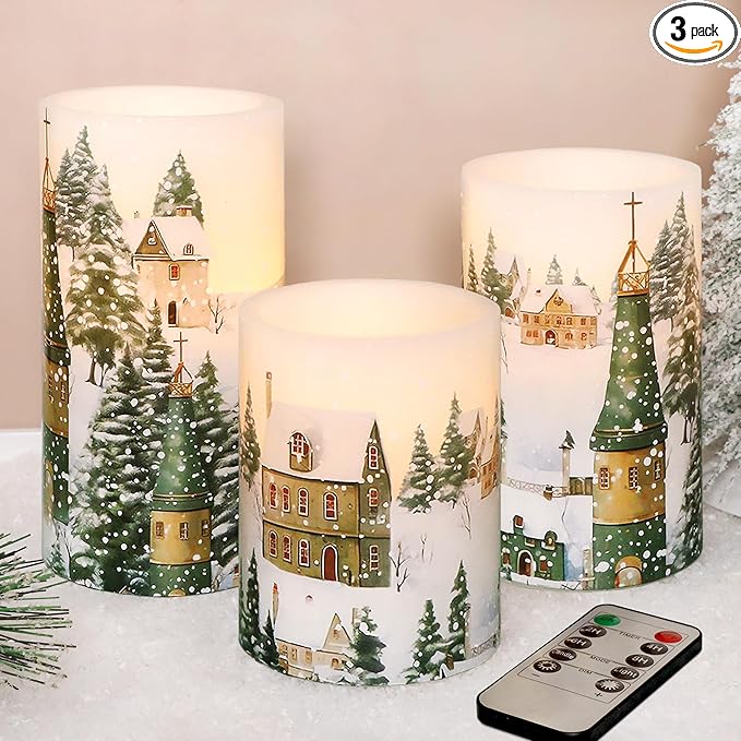 Christmas Flameless Pillar Candles Winter Snowflakes Village Theme Battery Operated with Remote Real Wax LED Flickering Realistic Flame Light Window Christmas Gifts Holiday Home Decor