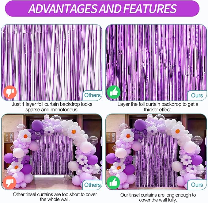 Crosize 5 Pack 3.3 x 9.9 ft Purple Foil Fringe Curtains Party Decorations, Purple Tinsel Curtain Backdrop for Parties, Door Streamers, Glitter Streamer Backdrop for Birthday Decoration