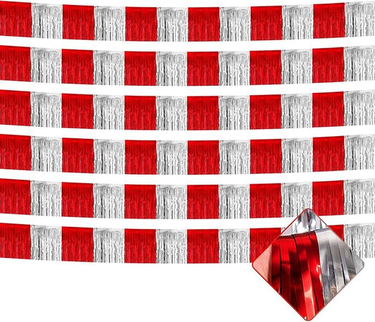 6 Pack 10 Feet Foil Fringe Garland Metallic Tinsel Streamers Banner Wall Hanging Backdrop for Parade Floats, Bachelorette, Circus Welcome Carnival Birthday Party Decorations(Silver Red)