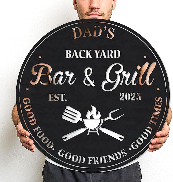 BBQ Metal Sign – Customized Grill Name Plaque for Outdoor Kitchen, Backyard Bar, Patio, Man Cave, Smoker Shed, Birthday Gift for Men, Dad’s Beer & Grilling Station, Housewarming Decoration