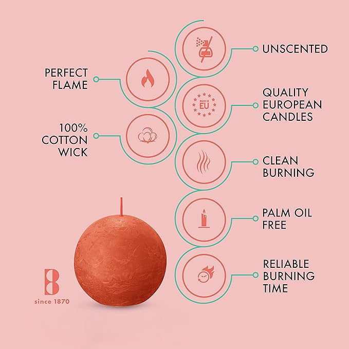 BOLSIUS 3 Pack Orange Rustic Ball Pillar Candles - 3 Inch - Premium European Quality - Includes Natural Plant-Based Wax - Unscented Dripless Smokeless 25 Hour Party Décor and Wedding Candles